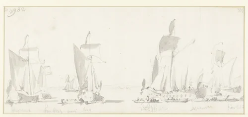 Vertrek van de Engelse koning Karel II tijdens zijn tocht over de Thames naar Sheerness en Chatham op 27 Augustus 1681 by Willem van de Velde, drawing, 1681