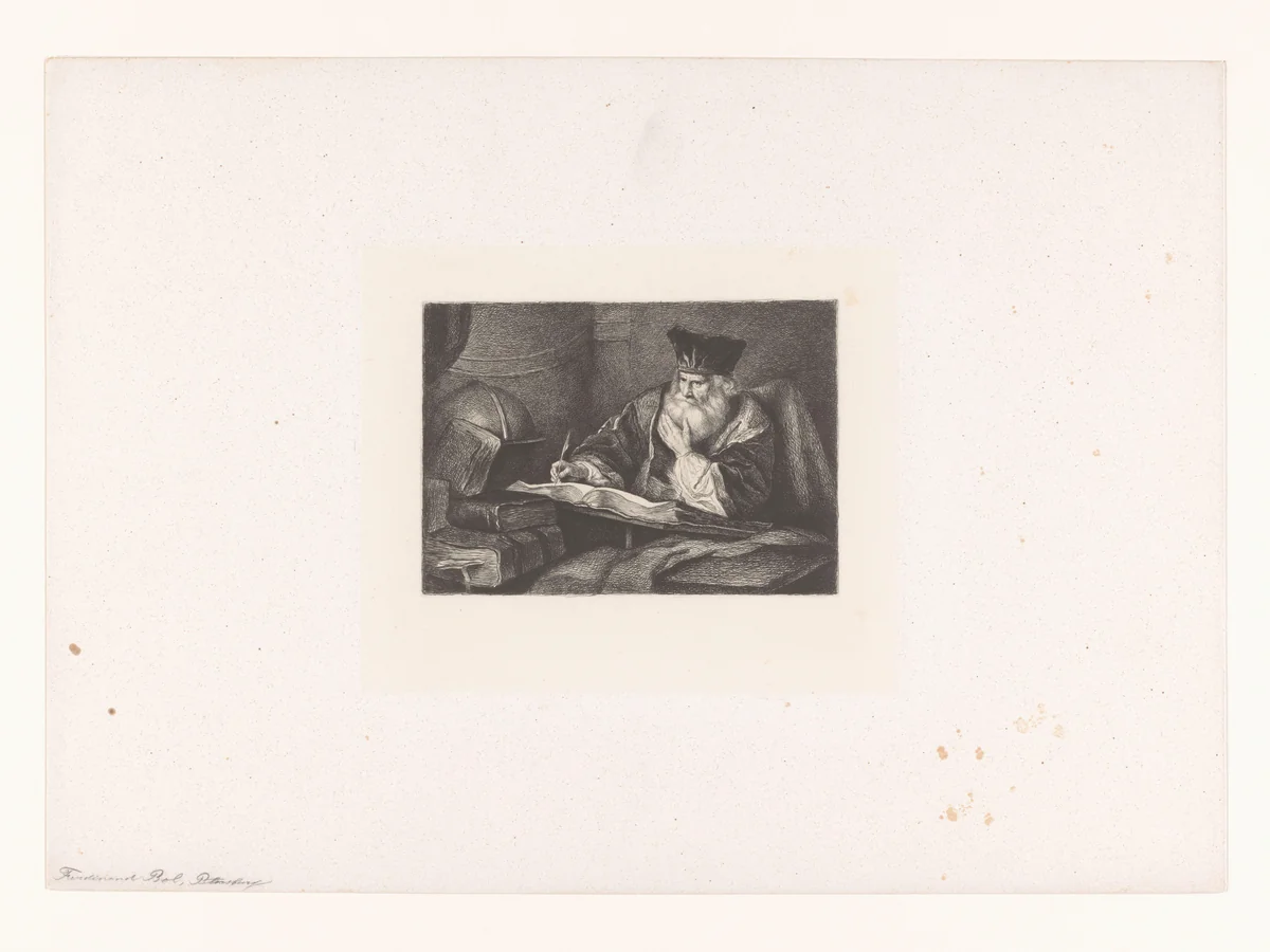 Oude geleerde schrijvend in groot boek by Nikolay Semyonovich Mosolov, print, 1857-1914
