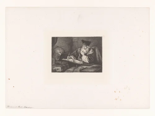 Oude geleerde schrijvend in groot boek by Nikolay Semyonovich Mosolov, print, 1857-1914