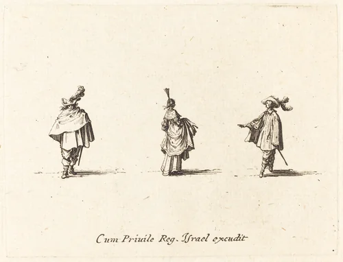 Lady with Dress Gathered Up, and Two Gentlemen by Jacques Callot, print, 1628-1638