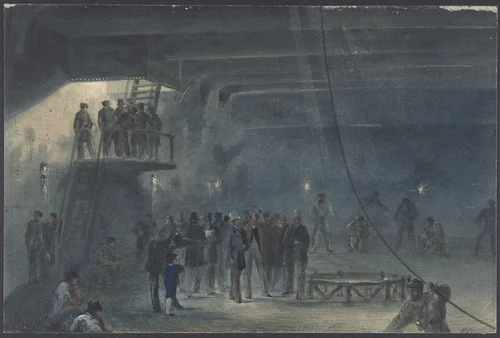 Coiling the Cable in the After-tank on Board the Great Eastern at Sheerness: Visit of H.R.H. the Prince of Wales on May 23rd, 1865 by Robert Charles Dudley, drawing, 1865-1866