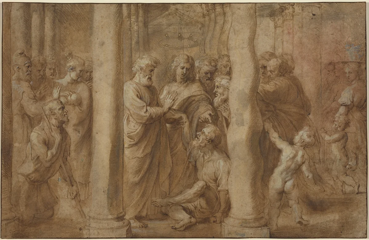 The Miracle of the Lame Man Healed by Saint Peter and Saint John by Peter Paul Rubens, drawing, 1606-1608