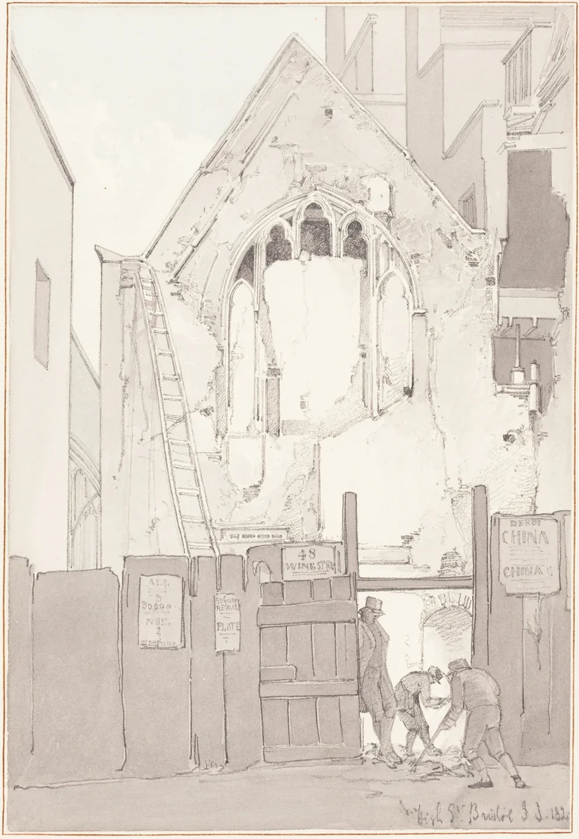 The Discovery of an East Window of All Saints’ Church, behind High Street, Bristol by James Johnson, drawing, 1821