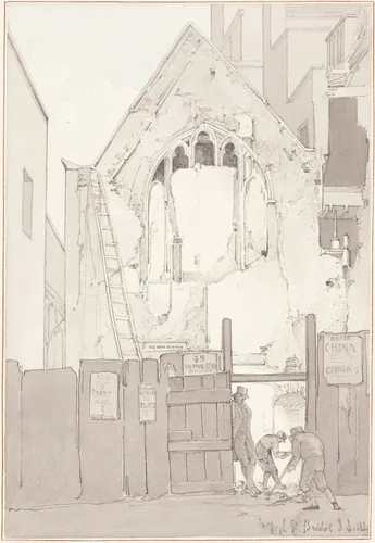 The Discovery of an East Window of All Saints’ Church, behind High Street, Bristol by James Johnson, drawing, 1821