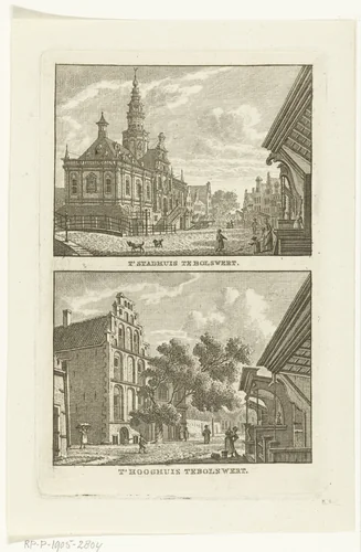 Twee dorpsgezichten te Bolsward: Stadhuis en het Hooghuis by Carel Frederik Bendorp, print, 1786-1792