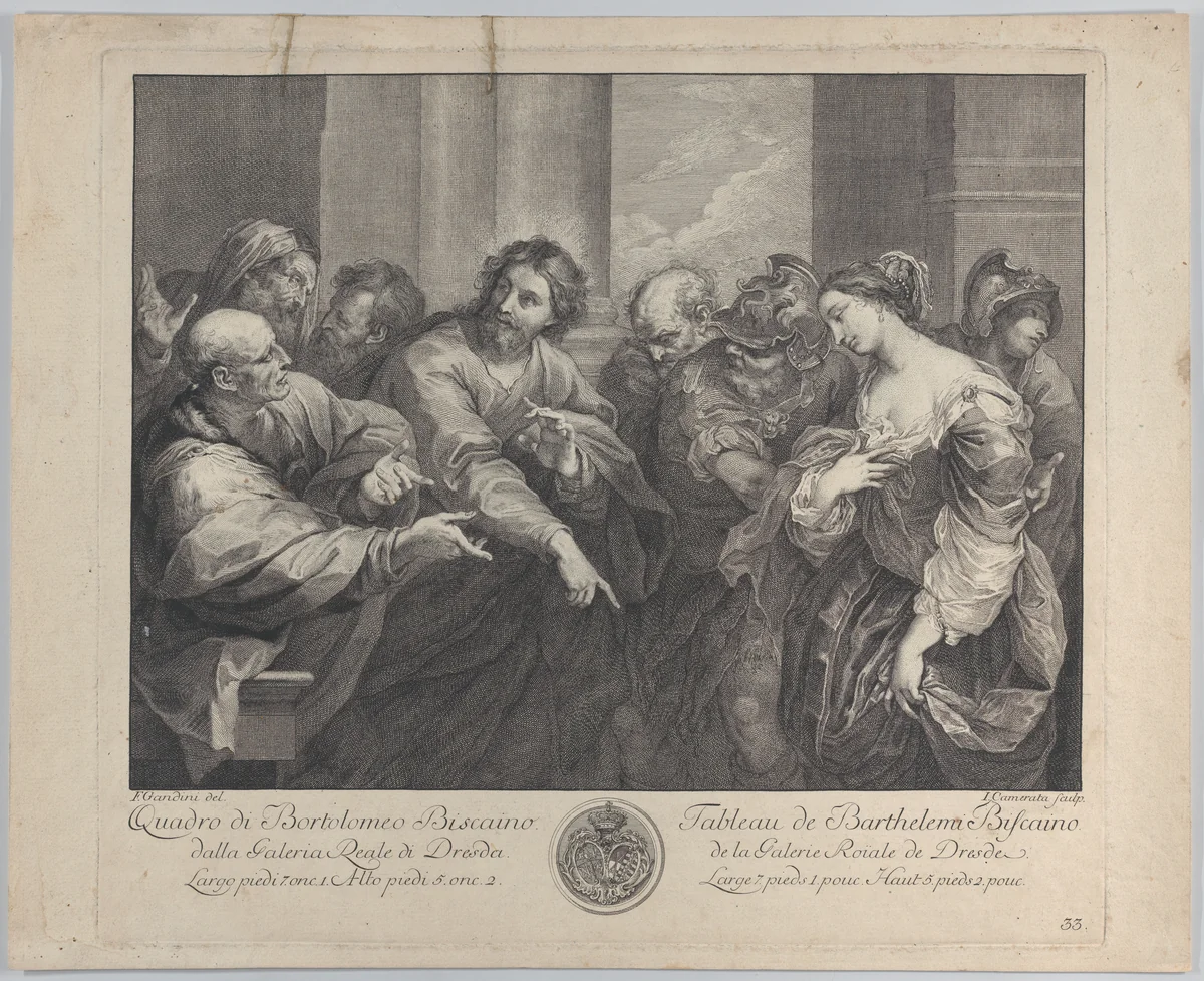 Christ and the woman taken in adultery by Giuseppe Camerata, print, 1750-1757