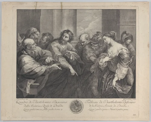 Christ and the woman taken in adultery by Giuseppe Camerata, print, 1750-1757