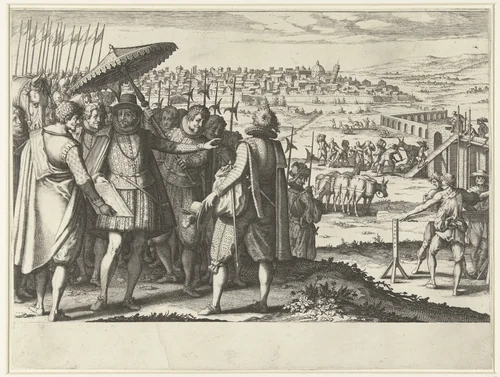 Ferdinando I de' Medici laat het aquaduct bij Pisa repareren by Jacques Callot, print, 1614-1620