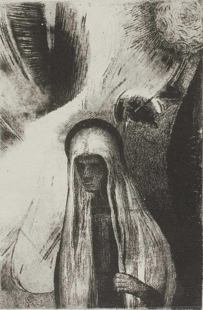 The Old Woman: What Are You Afraid Of? A Wide Black Hole! It is Empty Perhaps?", plate 19 of 24 by Odilon Redon, print, 1896