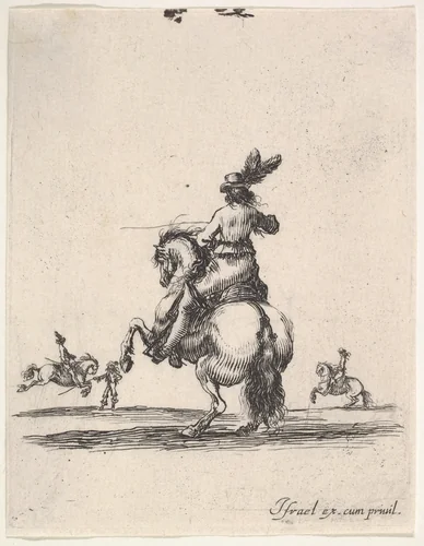 A horseman atop a rearing horse, seen from behind and turned towards the left, two horsemen in the background, from "Various cavalry exercises" (Diverses exercices de cavalerie) by Stefano della Bella, print, 1642-1645