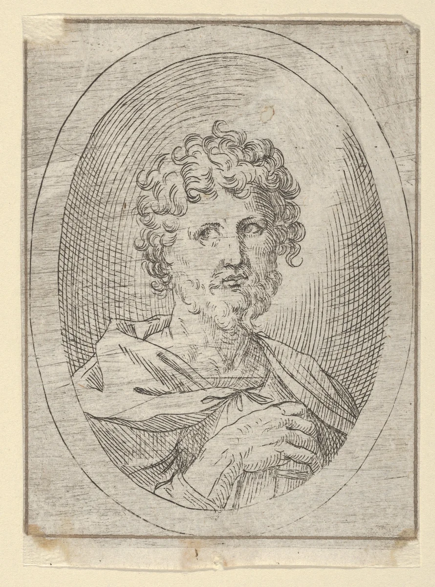 An apostle holding a closed book and looking to the left, in an oval frame, from "Christ, the Virgin, and Thirteen Apostles" by anonymous, print, 1600-1640
