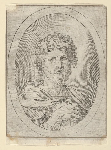 An apostle holding a closed book and looking to the left, in an oval frame, from "Christ, the Virgin, and Thirteen Apostles" by anonymous, print, 1600-1640