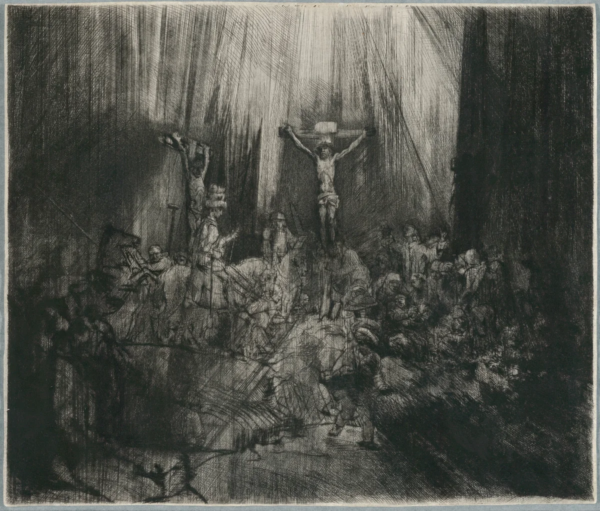 Christ Crucified between the Two Thieves: "The Three Crosses" by Rembrandt van Rijn, print, 1653