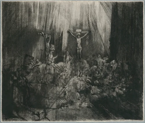 Christ Crucified between the Two Thieves: "The Three Crosses" by Rembrandt van Rijn, print, 1653