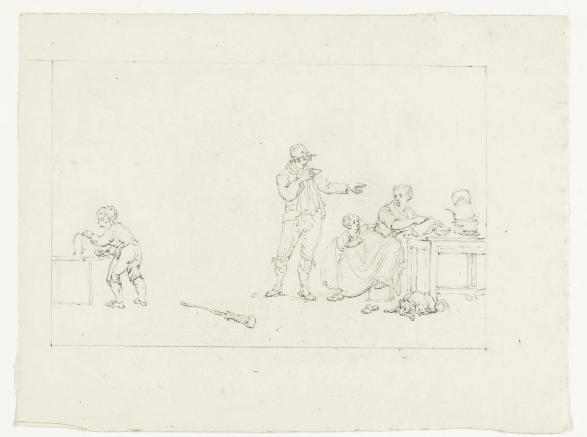 Familie, waarvan de vader een kopje thee (?) drinkt by Pieter Bartholomeusz. Barbiers, drawing, 1782-1837