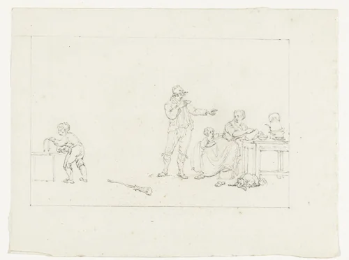 Familie, waarvan de vader een kopje thee (?) drinkt by Pieter Bartholomeusz. Barbiers, drawing, 1782-1837