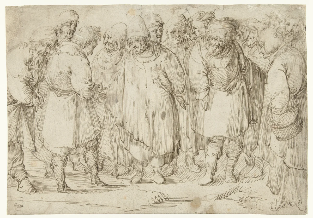 Studieblad met 16 staande figuren by Unknown, drawing, 1581-1656