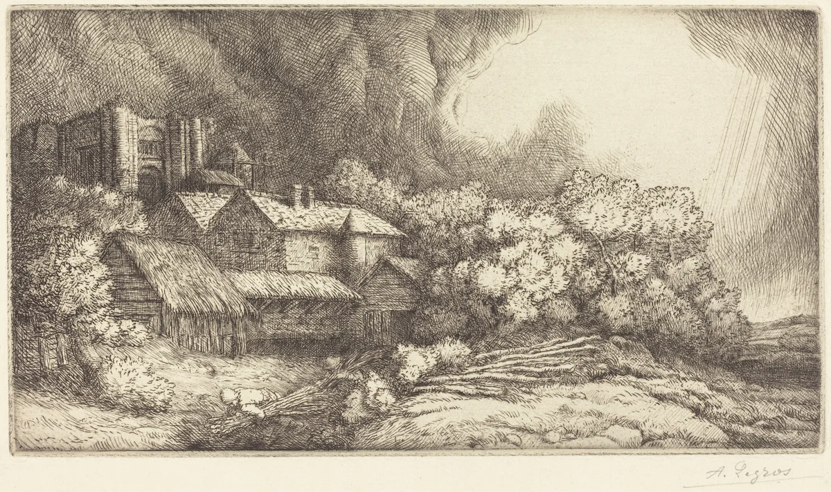 Farm at the Monastery (La ferme de l'abbaye) by Alphonse Legros, print, 1837-1911