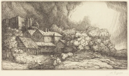 Farm at the Monastery (La ferme de l'abbaye) by Alphonse Legros, print, 1837-1911