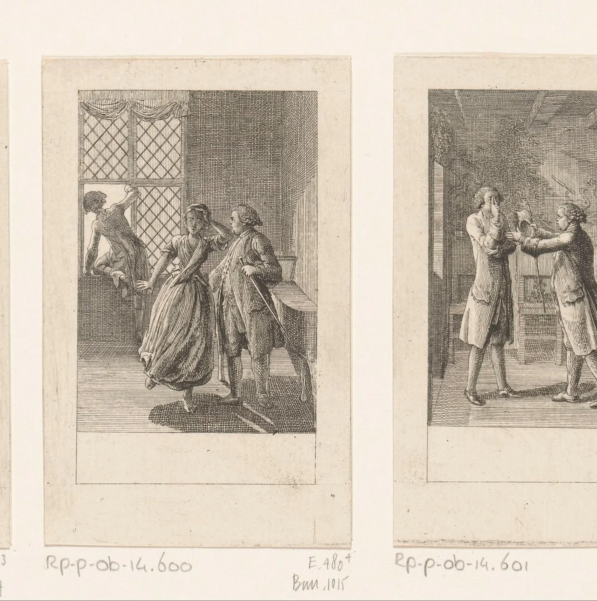 Jongeman vlucht door het open raam by Daniel Nikolaus Chodowiecki, print, 1783