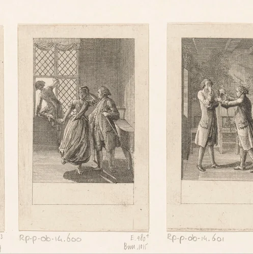 Jongeman vlucht door het open raam by Daniel Nikolaus Chodowiecki, print, 1783