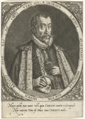 Portret van de arts Georg Laub by Dominicus Custos, print, 1612