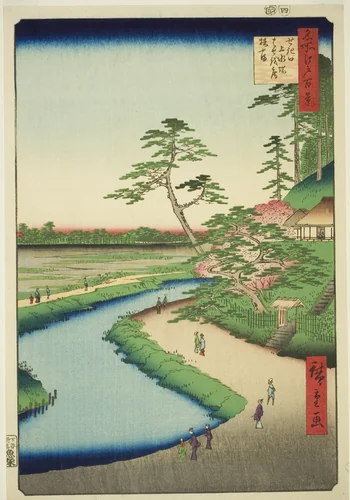 Basho's Hut on Camellia Hill Beside the Aquaduct at Sekiguchi (Sekiguchi josui-bata Bashoan Tsubakiyama), from the series "One Hundred Famous Views of Edo (Meisho Edo hyakkei)" by Utagawa Hiroshige (歌川広重), print, 1857