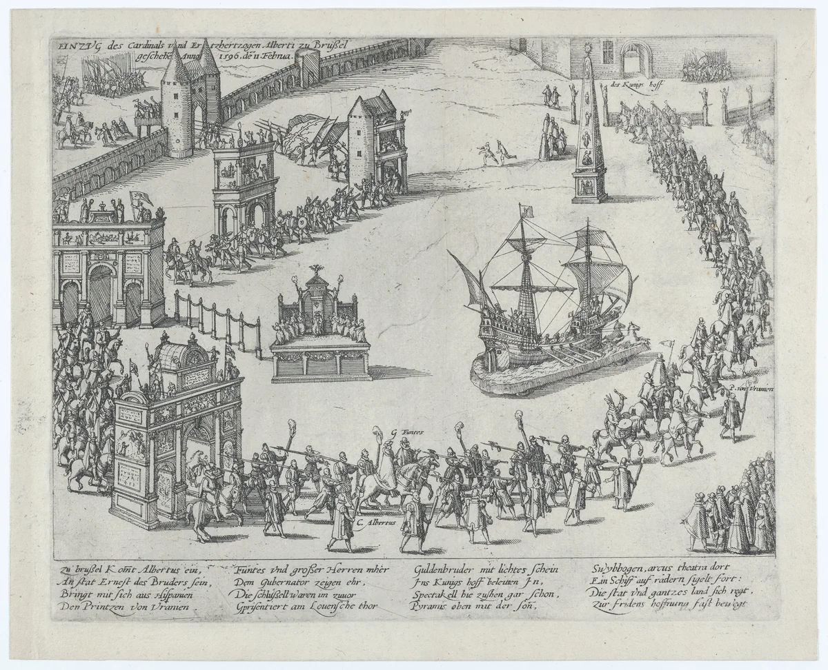 Entrance of the Cardinal and Archduke Albert to Brussels in 1596 by anonymous, print, 1596-1600