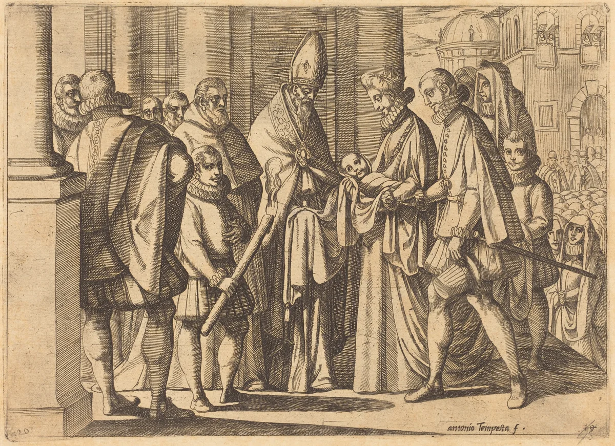 Philip as a Boy before Margaret of Austria by Antonio Tempesta, print, 1612