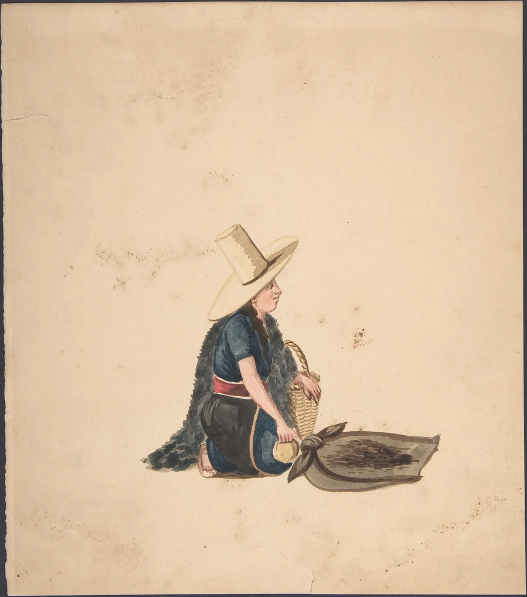 A Woman Kneeling Selling Produce by anonymous, drawing, 1840-1850