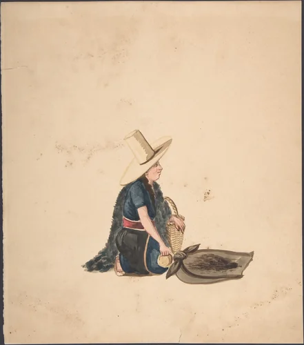 A Woman Kneeling Selling Produce by anonymous, drawing, 1840-1850