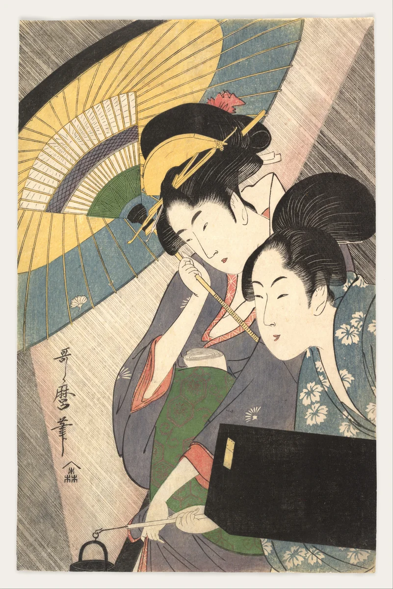 Geisha and Attendant on a Rainy Night by Kitagawa Utamaro (喜多川歌麿), print, 1787-1807