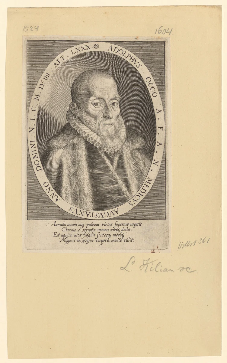 Portret van Adolph Occo op 80-jarige leeftijd by Lucas Kilian, print, 1604