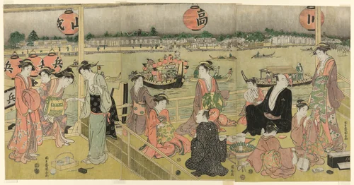 A Banquet in a Pleasure House on the Bank of the Okawa (Okawa bata giro jo no yusen) by Angyusai Enshi, print, 1787-1897