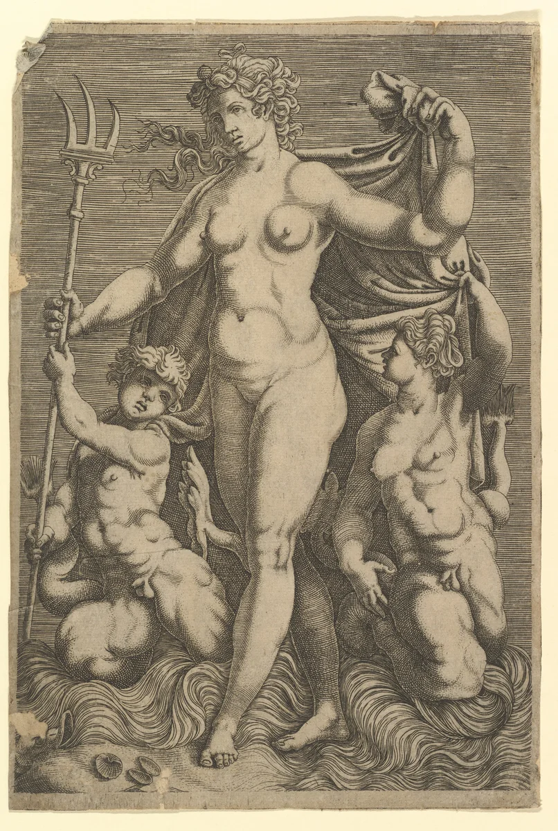 Thetis Standing with Two Tritons by anonymous, print, 1550-1600