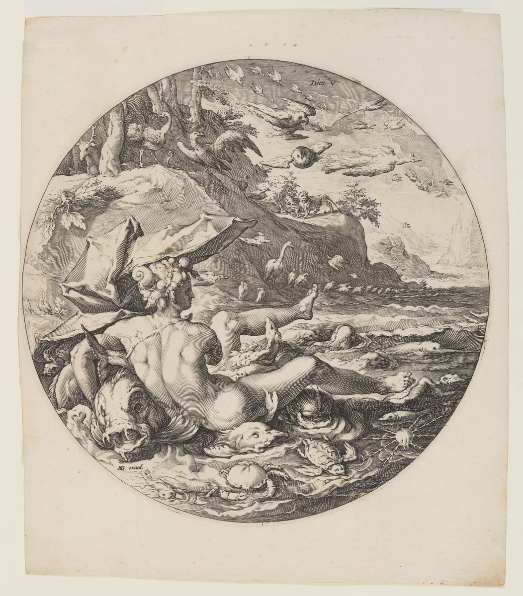 The Fifth Day, plate 6, from Creation of the World by Jan Harmensz. Muller, print, 1590