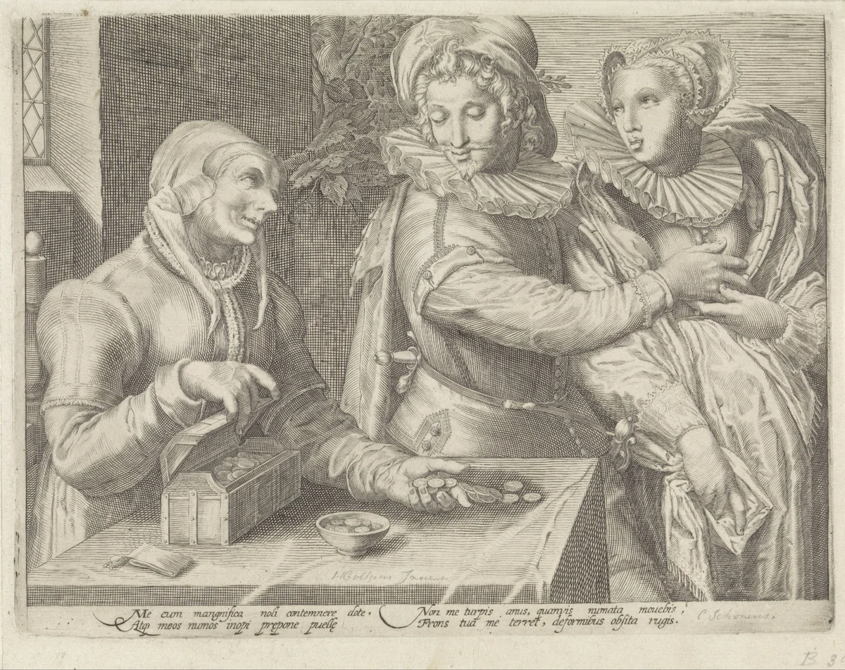 Jong paar en een oude vrouw met geldkist (Ongelijke liefde) by anonymous, print, 1589-1607