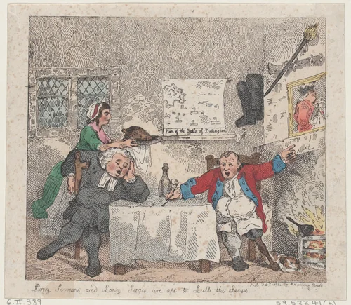 Long Sermons and Long Sieges are apt to Lull the Senses by Thomas Rowlandson, print, 1783