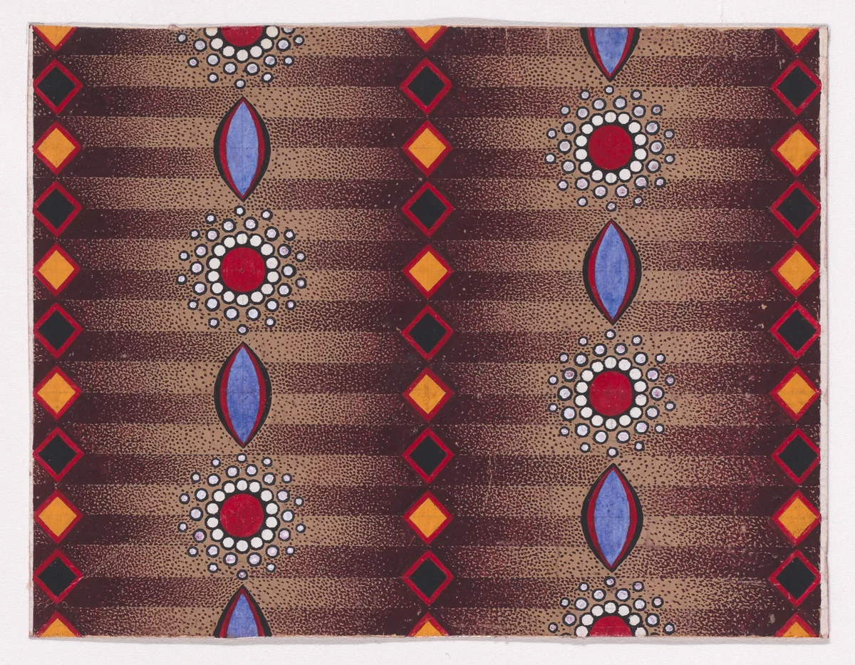 Textile Design with Vertical Strips of Alternating Lens-Shapes and Circles Framed by Pearls Separated by Vertical Strips of Lozenges over a Striped Background by anonymous, drawing, 1840