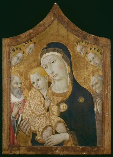 Virgin and Child with Saints Jerome, Bernardino of Siena, and Angels by Sano di Pietro, painting, 1450-1460