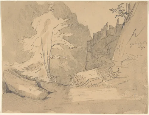 The Bode Valley with Rocks and Trees; verso: Landscape Studies by Karl Blechen, drawing, 1800-1840