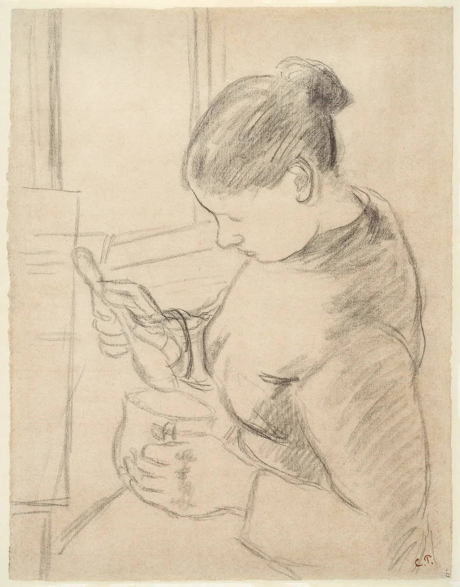 Young Peasant Having Her Coffee by Camille Pissarro, drawing, 1879-1880