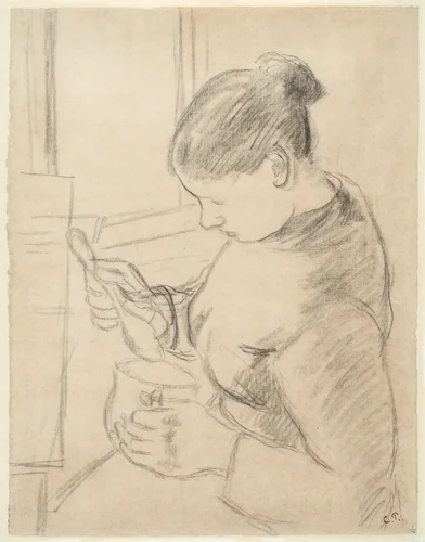 Young Peasant Having Her Coffee by Camille Pissarro, drawing, 1879-1880
