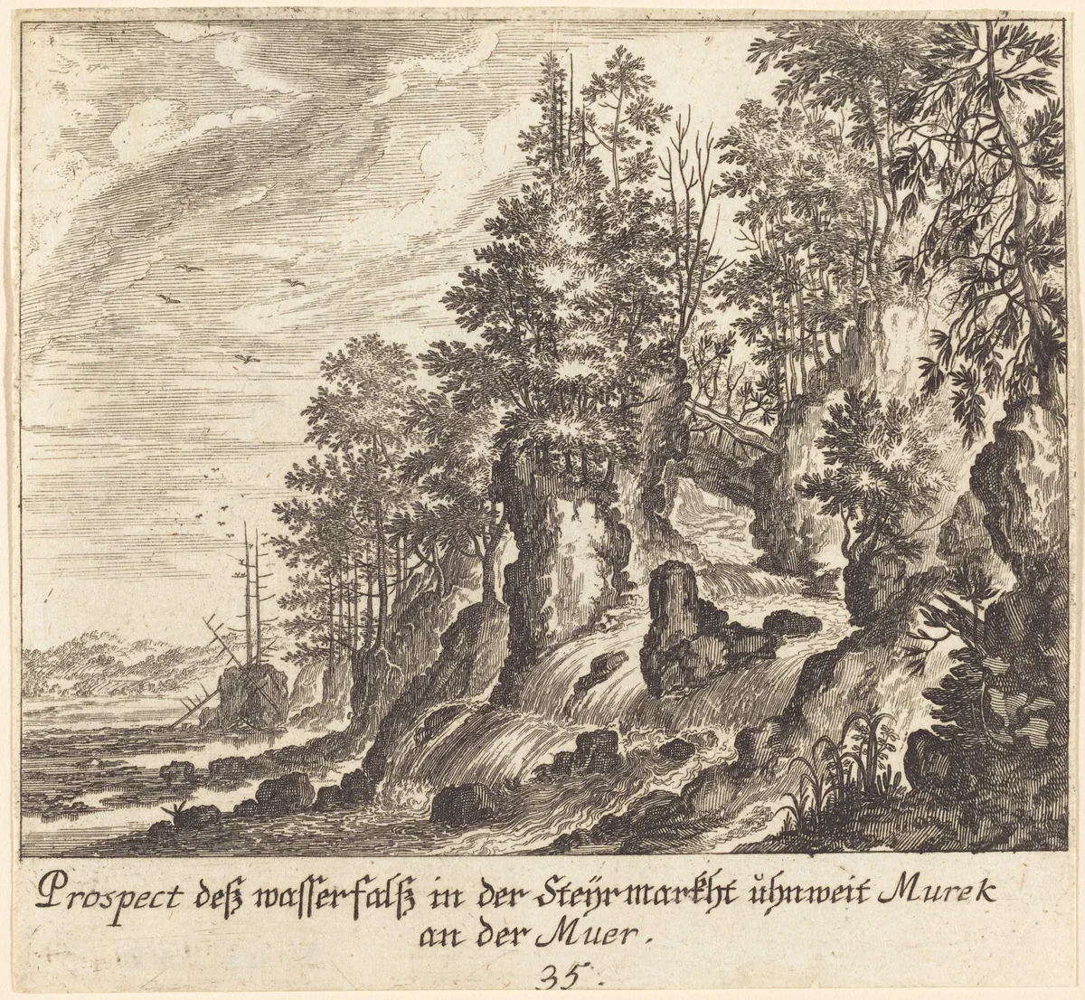 Waterfall by Melchior Küsel; Johann Wilhelm Baur, print, 1681