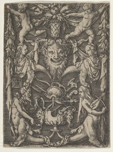 Panel with Grotesque Candelabrum Containing Satyrs, Children and a Trophy by Heinrich Aldegrever, print, 1550