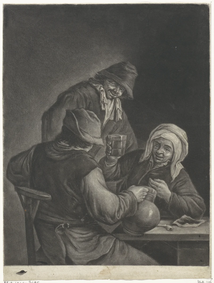 Twee boeren en een oude vrouw by Jacob Gole, print, 1670-1724