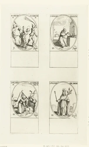 Heilige Gorgonius en Heilige Dorotheus van Nicomedië, Heilige Nicolaas van Tolentino, Heilige Polianus en Heilige Nemesianus, Heilige Pulcheria van Constantinopel (9-10 september) by Jacques Callot, print, 1632-1636