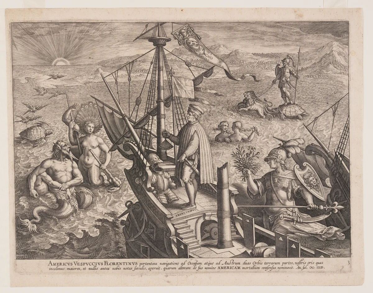 Amerigo Vespucci on His Ship, from Americae Retectio (The Discovery of America) by Adriaen Collaert, print, 1584-1594