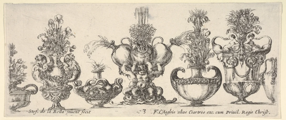 Seven vases, the vase in the middle formed by three infants, each holding an ewer, plate 3 from "Collection of Various Vases" (Raccolta di Vasi Diversi) by Stefano della Bella, print, 1650-1656