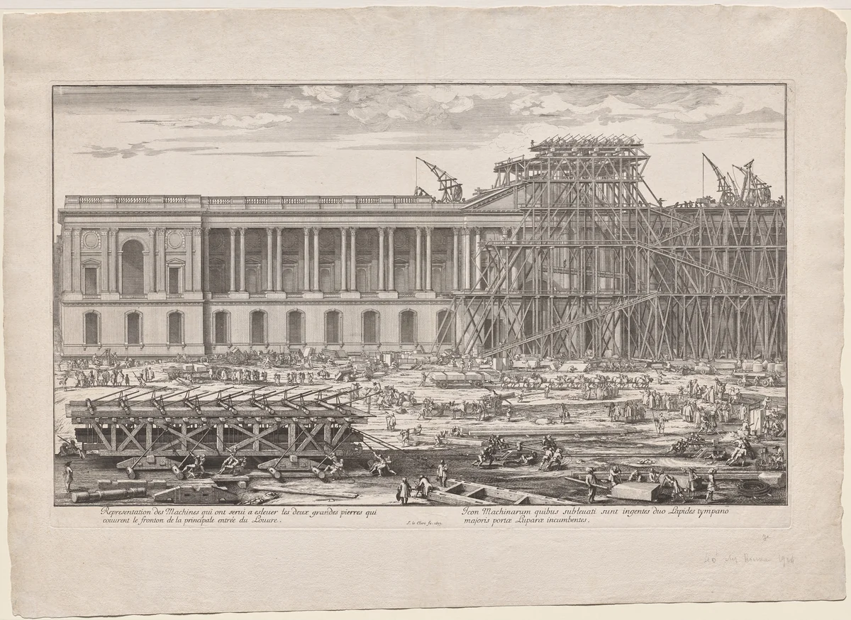 Representation des Machines qui ont servi à eslever les deux grandes pierres qui couvrent le fronton de la principale entrée du Louvre by Sébastien Le Clerc, print, 1677